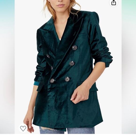 Free People Ashby velvet jade green double breasted blazer size s date concert - Picture 3 of 4
